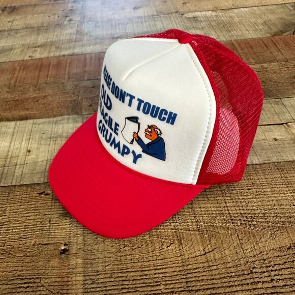 Vintage Foam Trucker Hat Please Don't Touch Old Fragile Grumpy in Red Snapback - Picture 2 of 7